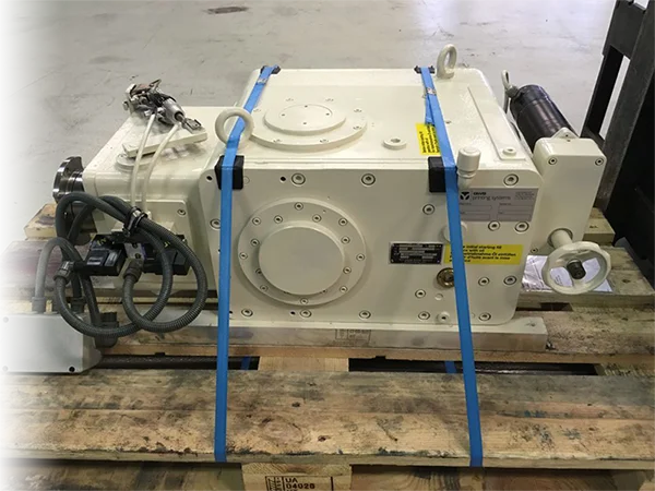 Reconditioned PIV gearbox strapped to pallet, ready for shipping